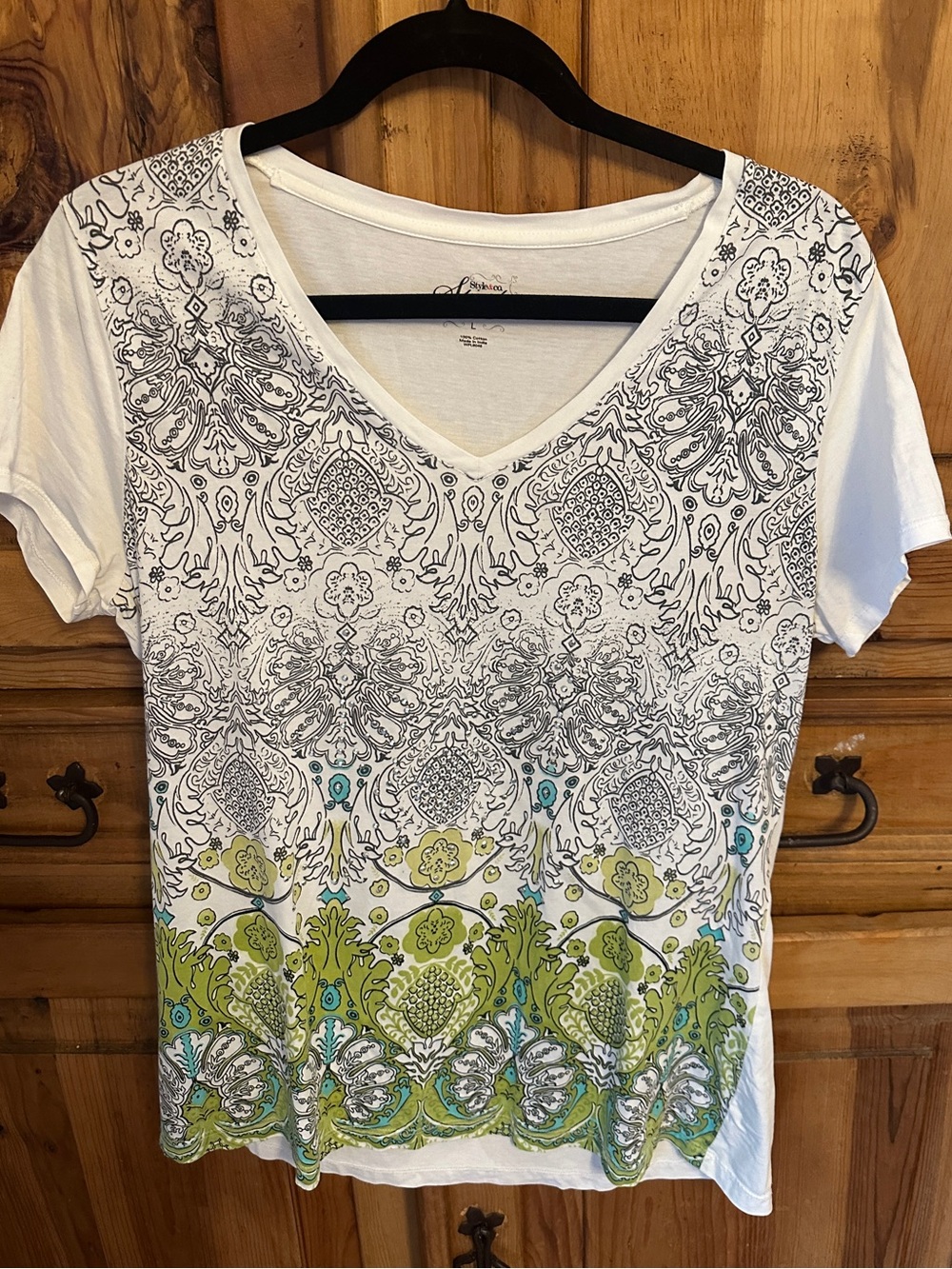 Style & Co White V-Neck Tee with Green and Teal Embellished Print